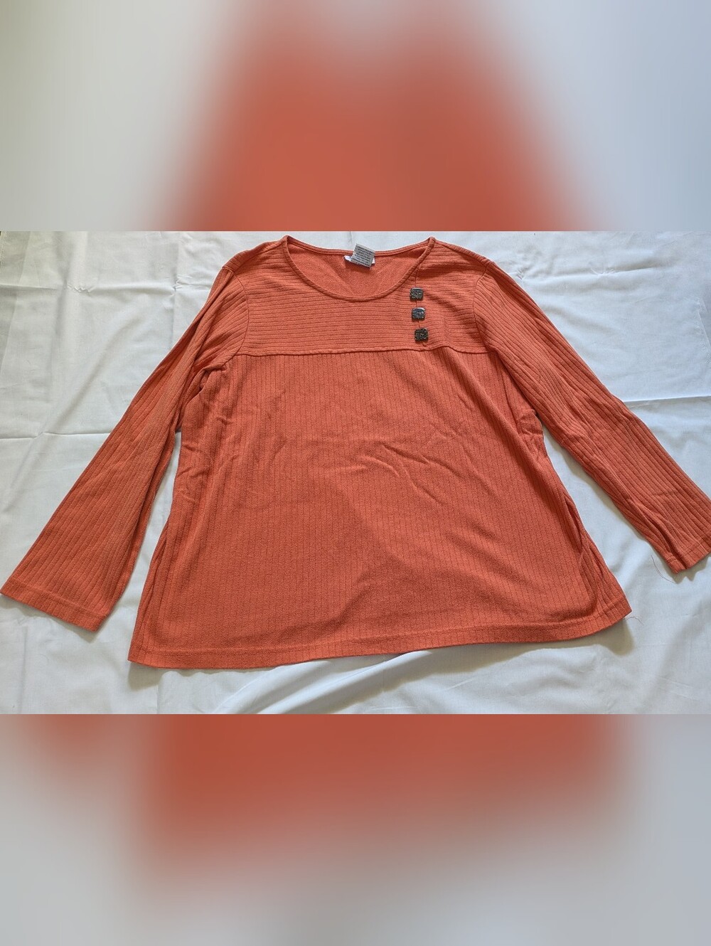 Orange Ribbed Knit Round Neck Long Sleeve Top Button Accents